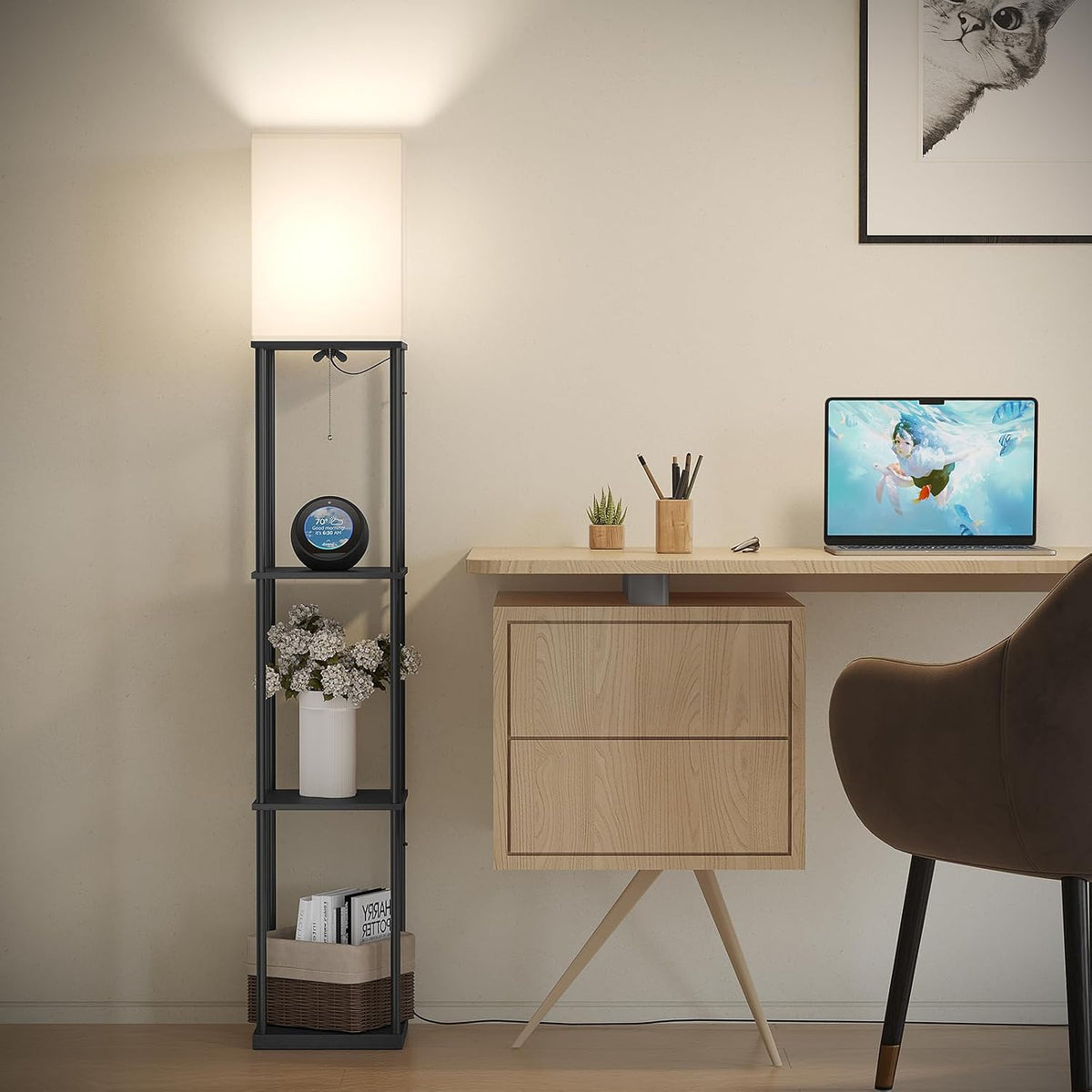 🌈 Smart Dimmable Shelf Floor Lamp ✨ RGB Mood Lighting with 3-Tier Display Shelves for a Cozy Home