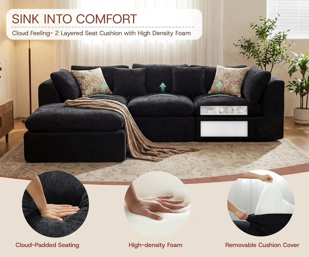 ☁️ 110" Oversized Cloud Sectional Sofa – Cozy Chenille Modular Couch with Ottoman & Plush Pillows 🛋️✨