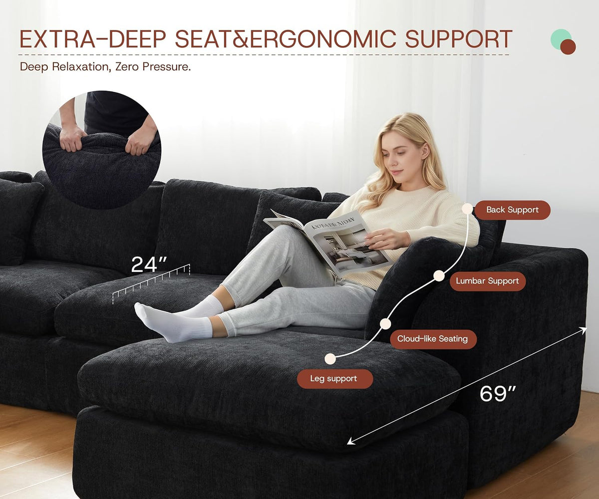 ☁️ 110" Oversized Cloud Sectional Sofa – Cozy Chenille Modular Couch with Ottoman & Plush Pillows 🛋️✨