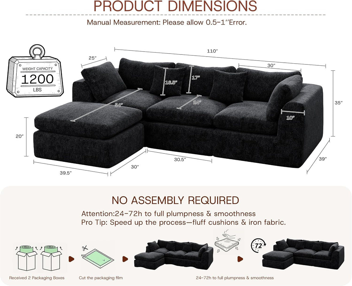 ☁️ 110" Oversized Cloud Sectional Sofa – Cozy Chenille Modular Couch with Ottoman & Plush Pillows 🛋️✨