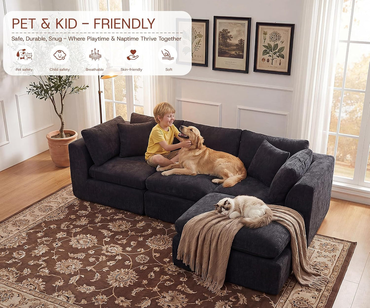 ☁️ 110" Oversized Cloud Sectional Sofa – Cozy Chenille Modular Couch with Ottoman & Plush Pillows 🛋️✨