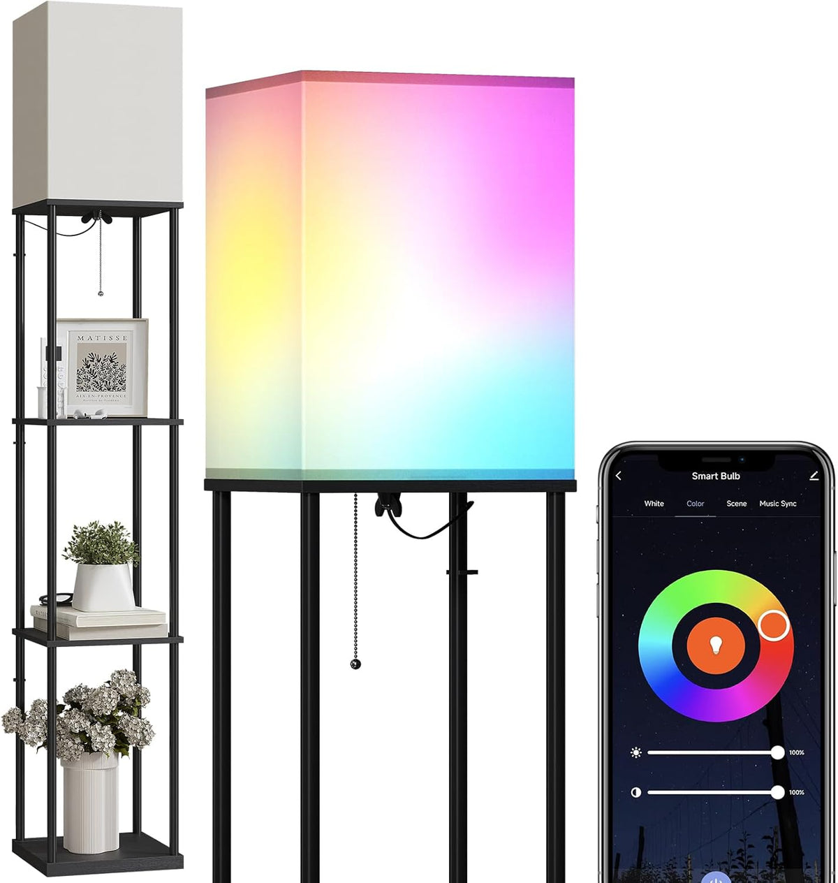 🌈 Smart Dimmable Shelf Floor Lamp ✨ RGB Mood Lighting with 3-Tier Display Shelves for a Cozy Home