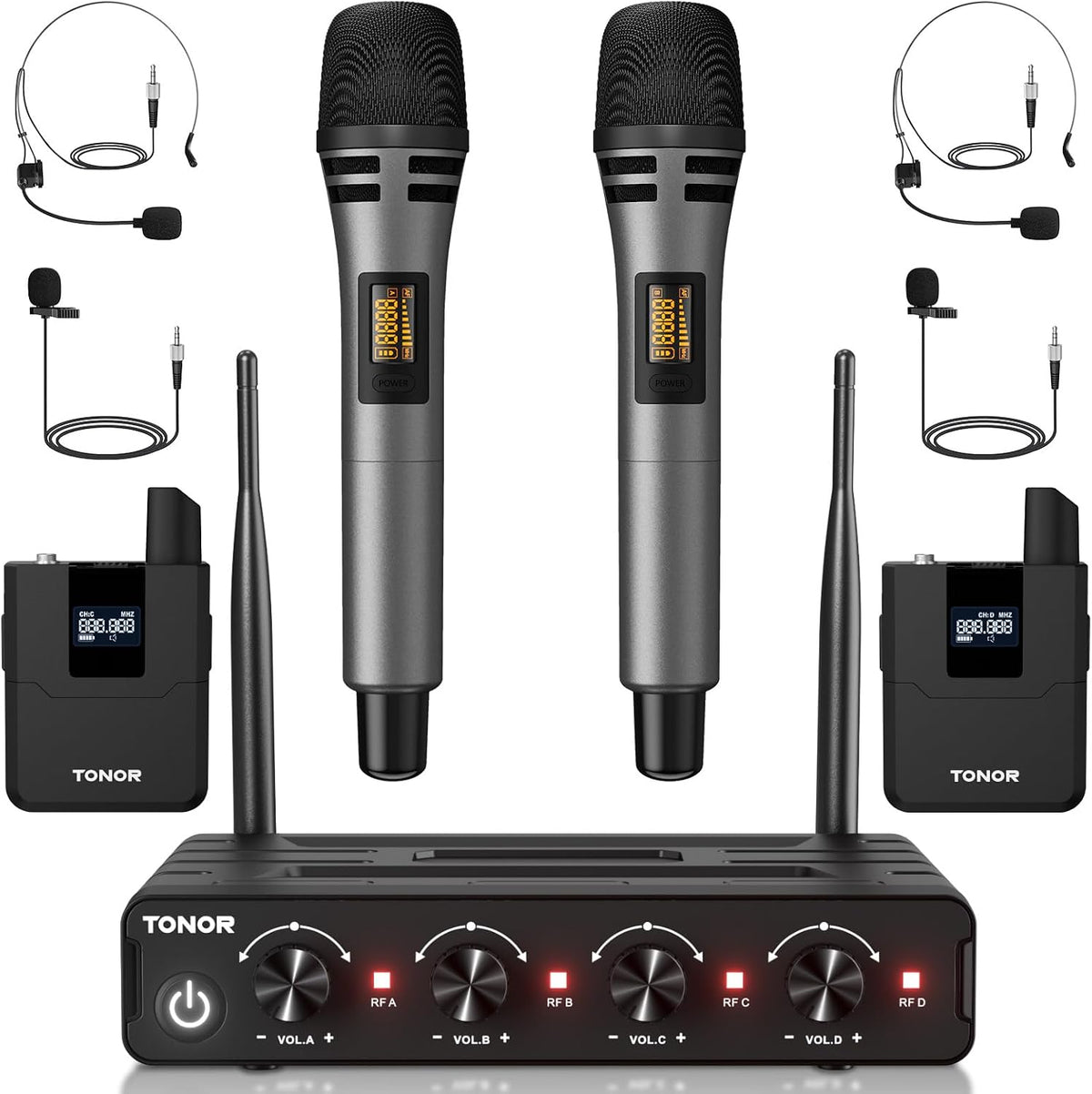 🎤 4-in-1 Wireless Microphone System ✨ UHF Karaoke & Presentation Set with Headset and Lavalier Mics