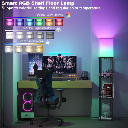🌈 Smart Dimmable Shelf Floor Lamp ✨ RGB Mood Lighting with 3-Tier Display Shelves for a Cozy Home