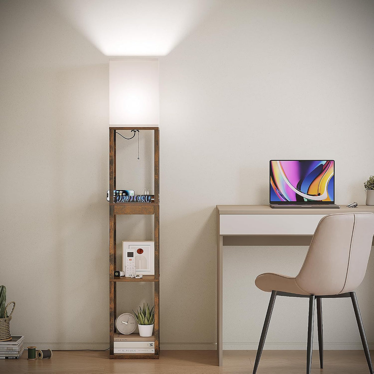 🌙 Modern Shelf Floor Lamp with Dimmable Lighting ✨ Cozy Bedroom & Living Room Display Light