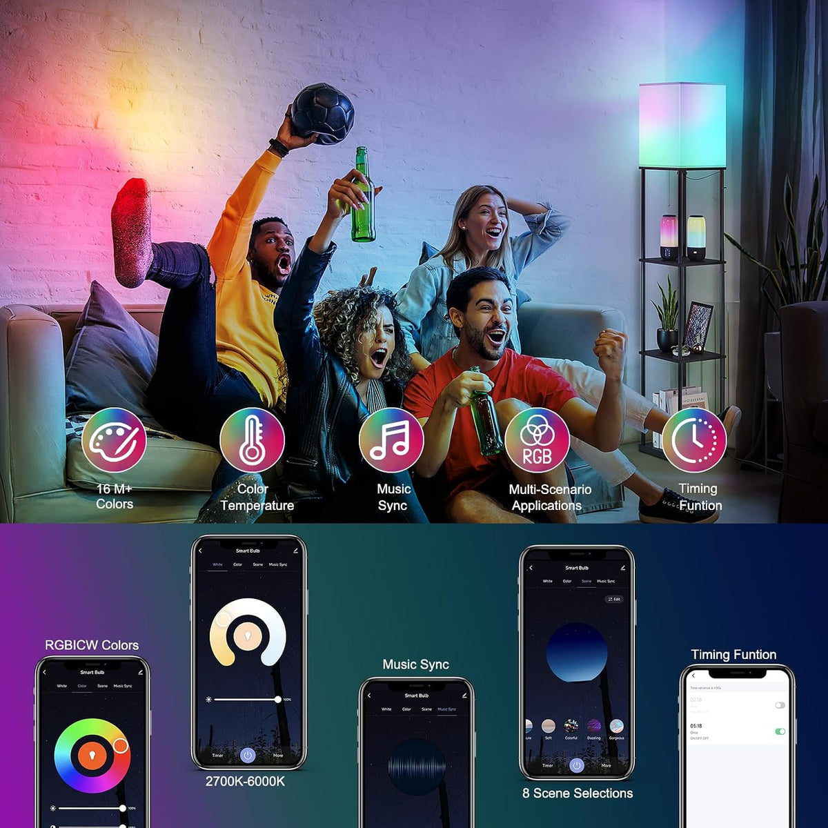 🌈 Smart Dimmable Shelf Floor Lamp ✨ RGB Mood Lighting with 3-Tier Display Shelves for a Cozy Home