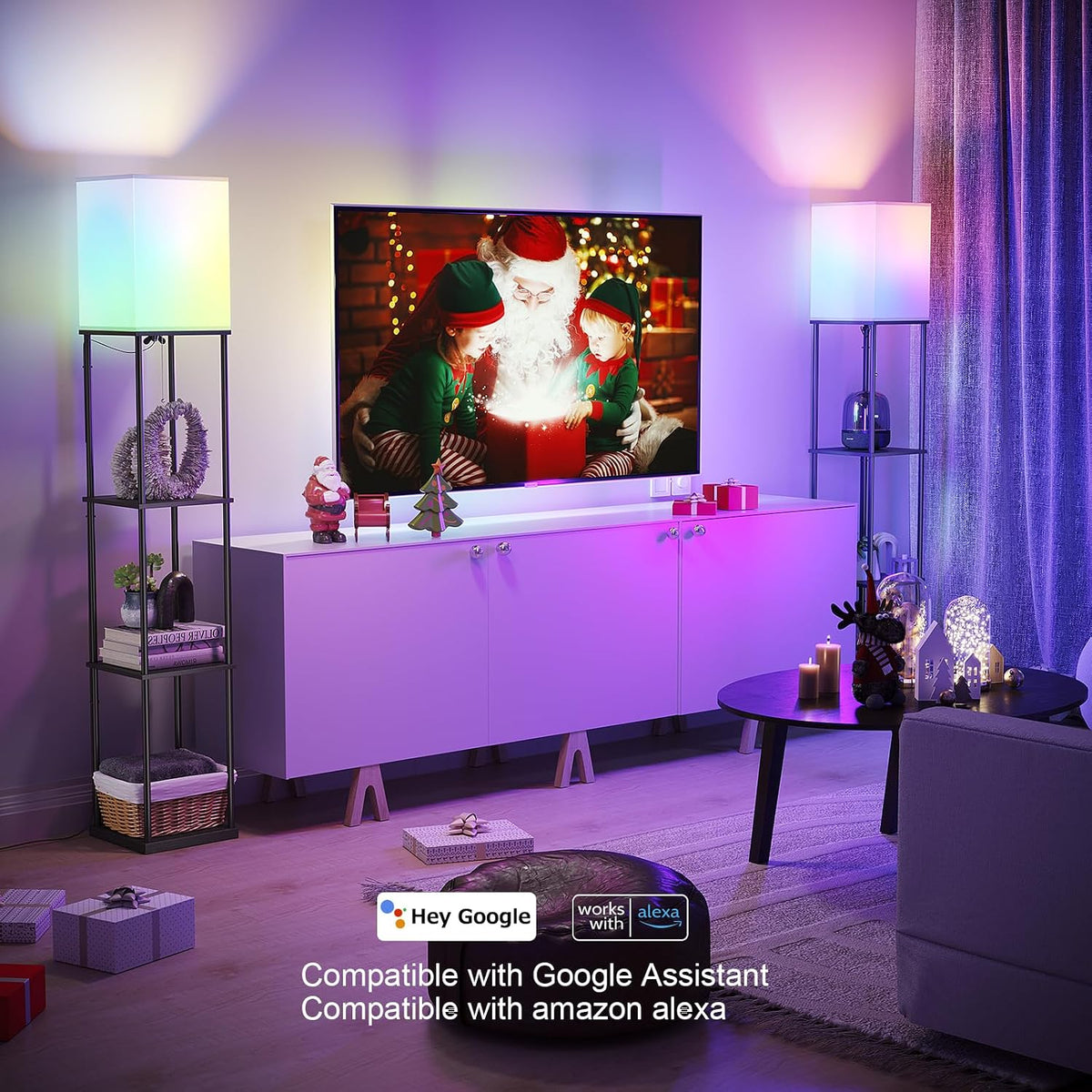 🌈 Smart Dimmable Shelf Floor Lamp ✨ RGB Mood Lighting with 3-Tier Display Shelves for a Cozy Home